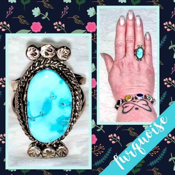 Vintage Native American Turquoise Sterling Silver Ring Sz 7.5 (Aqua Blue)